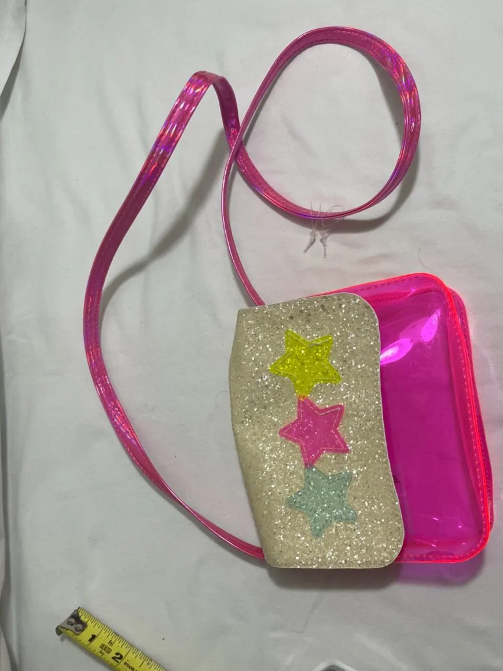Girls Neon Pink Clear Jelly Crossbody Purse Glitter Star Flap Kids Shoulder Bag